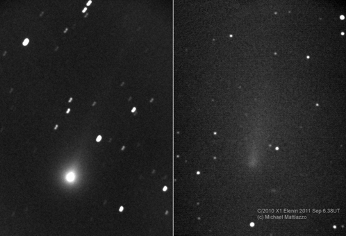 Комета Еленина, заметная в прошлом году (слева), практически исчезла уже в сентябре 2011 года (справа)