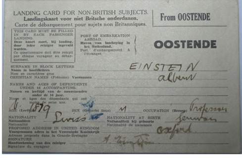 Иммиграционная карточка Эйнштейна.