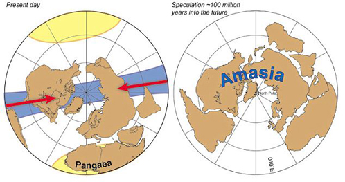 Слева: так Земля выглядит сейчас. Справа: Амазия, в которой люди, возможно, будут жить через100-200 миллионов лет