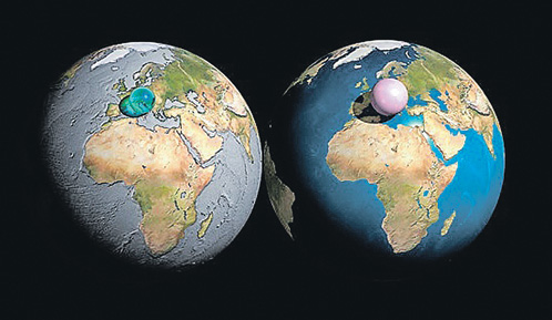  Голубой шар: вся земная вода - около полутора миллиардов кубических километров - может быть собрана в сферу диаметром 1390 км. Розовый шар диаметром 1999 км: весь земной воздух - порядка 5 тыс. триллионов тонн, - сжатый до давления в одну атмосферу.